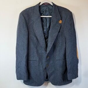 Evan-Picone Blazer Mens 40R Blue %100 Wool Suede Elbow Patches Tweed USA Preppy